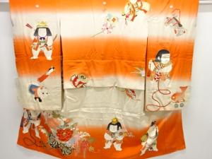 大正ロマン　御所人形に花車模様刺繍五つ紋子供着物